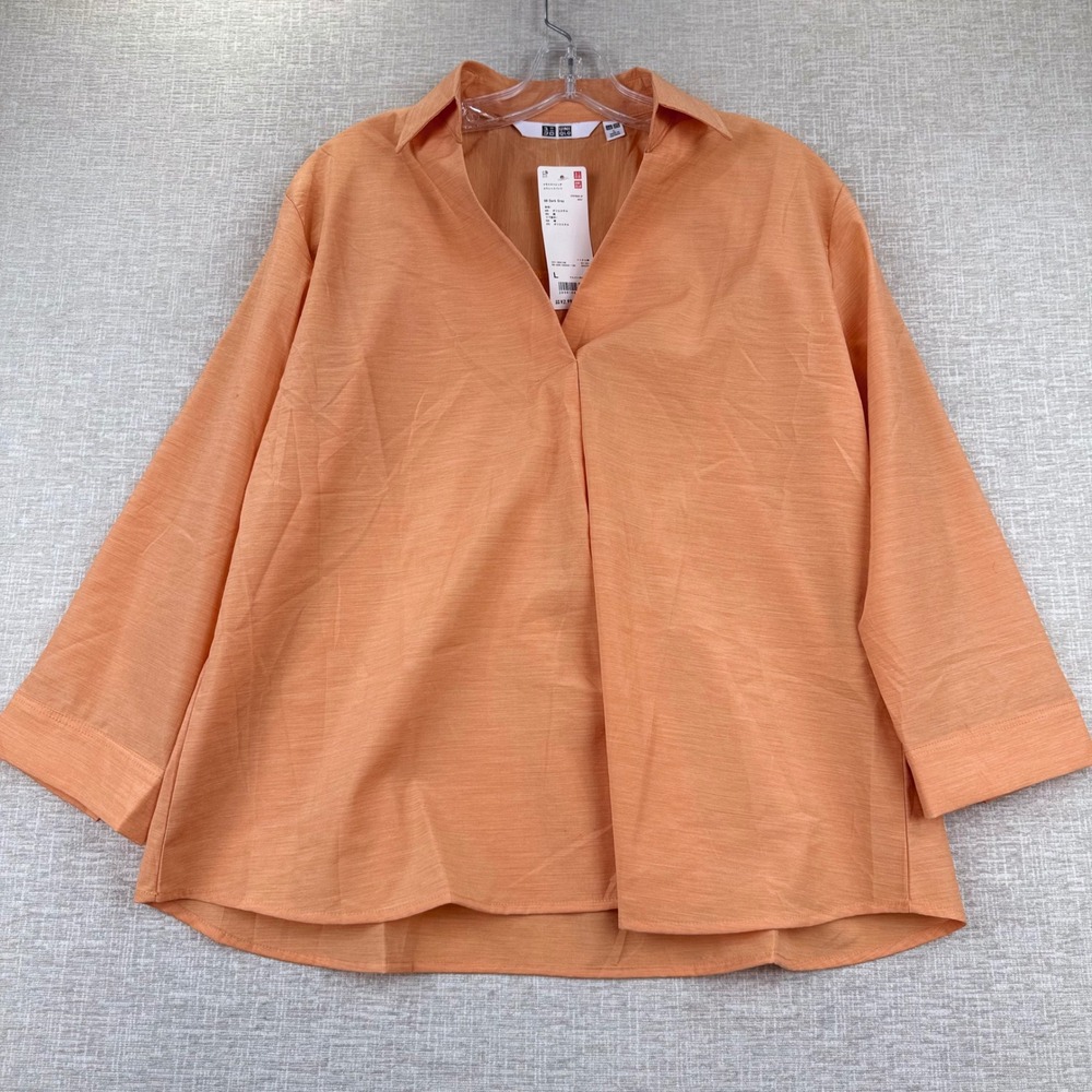 Uniqlo Womens Orange V-Neck 3/4 Sleeve Textured Blouse Top Large NWT 341-404168